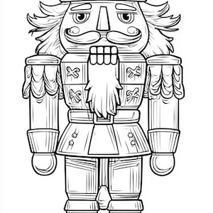 May include: Black and white illustration of a nutcracker soldier. The nutcracker wears a crown and uniform with decorative details. The design is suitable for coloring or as a holiday decoration.