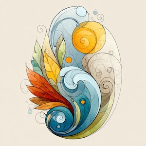 May include: Abstract watercolor illustration featuring swirling blue and yellow water-like shapes, with orange, yellow, and green leaf-like elements. The design has a soft, flowing aesthetic with a light beige background.