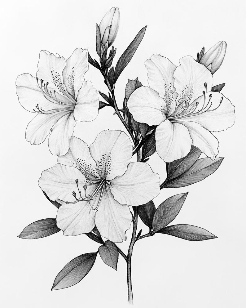 Azaleas Blooms Line Art Pen & Ink Monochrome Transparent Background ...