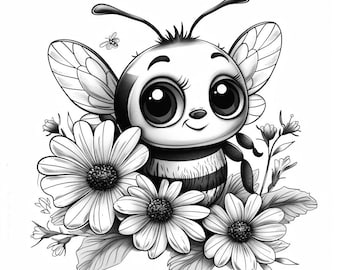 Bienen und Blumen Cartoon Schwarzweiß-Bundle 1 32 Digital Ai Line Art SVG-Png