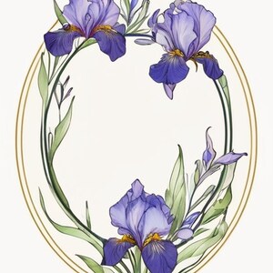 May include: A purple and gold floral illustration of irises in a gold oval frame. The irises are arranged in a circular pattern around the frame.