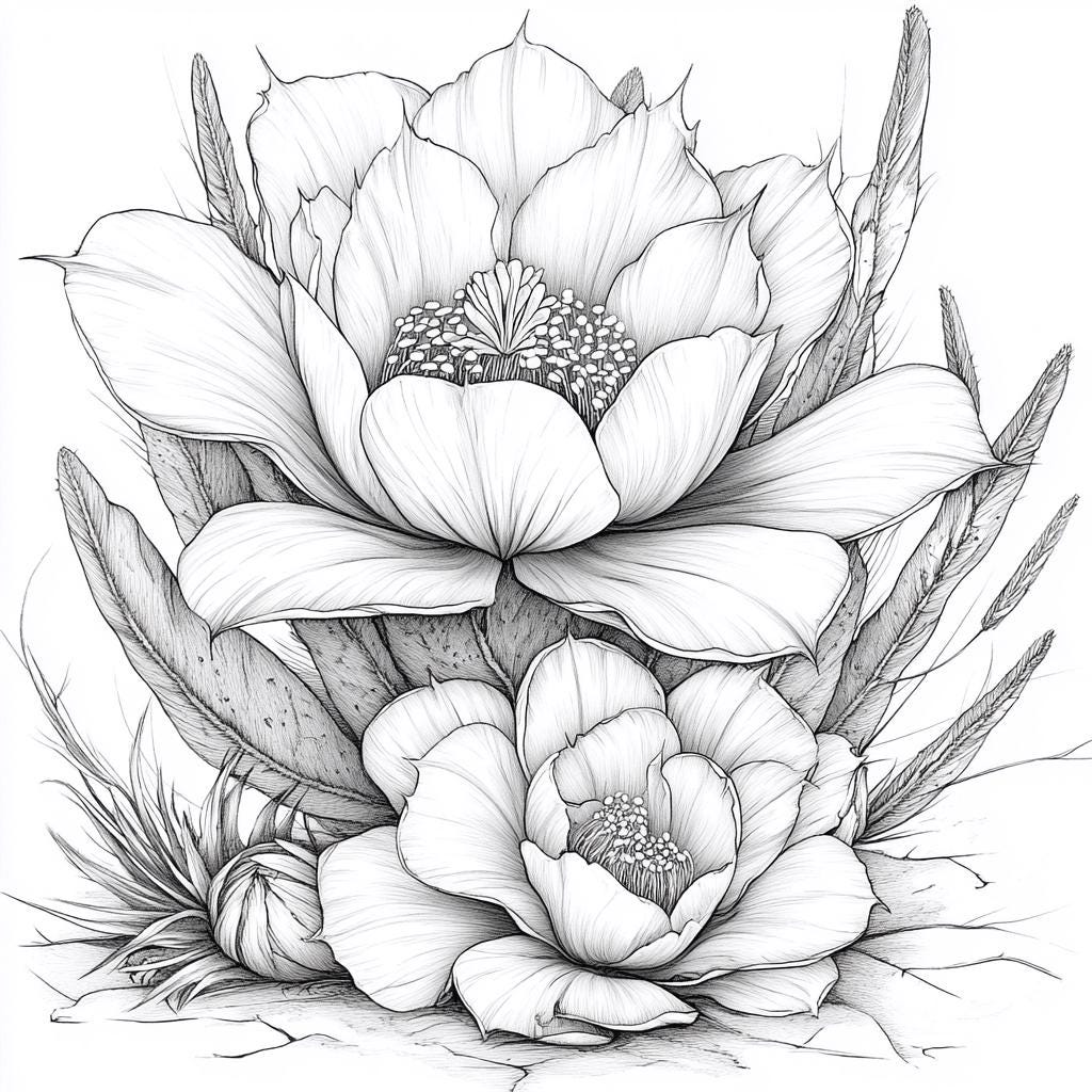 Cactus Blooms Line Art Black and White Bundle 4 32 Digital Ai Line Art ...