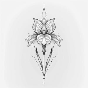 Puede incluir: Un dibujo en blanco y negro de una flor de iris con detalles geométricos. La flor está estilizada y tiene un diseño delicado e intrincado.