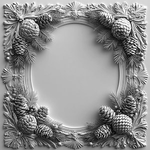 Puede incluir: Un marco blanco adornado con una abertura circular, decorado con un diseño 3D de piñas y ramas. El marco es perfecto para agregar un toque de elegancia a cualquier habitación.
