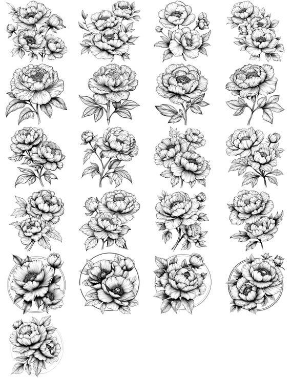牡丹の花の白黒線画バンドル2 45点のデジタルAi線画 PNG-SVG（デジタル