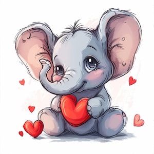 May include: A cute cartoon grey elephant holding a red heart. The elephant has big eyes and a sweet smile. There are small red hearts scattered around the elephant.