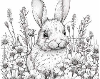 Bunny in Field of Flowers Line Art Color/black and White