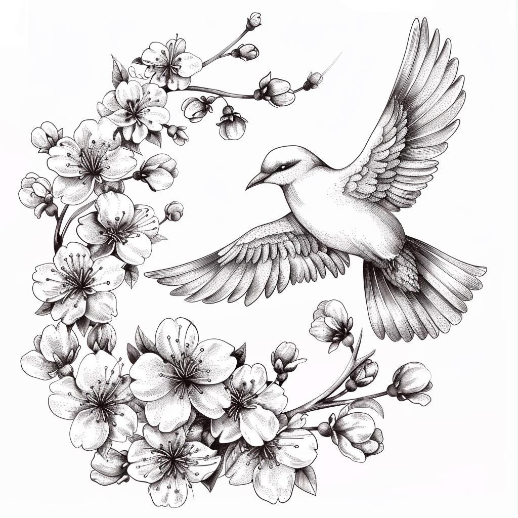 Cherry Blossoms and Doves Black/white Line Art Bundle 4 36 Digital Ai ...