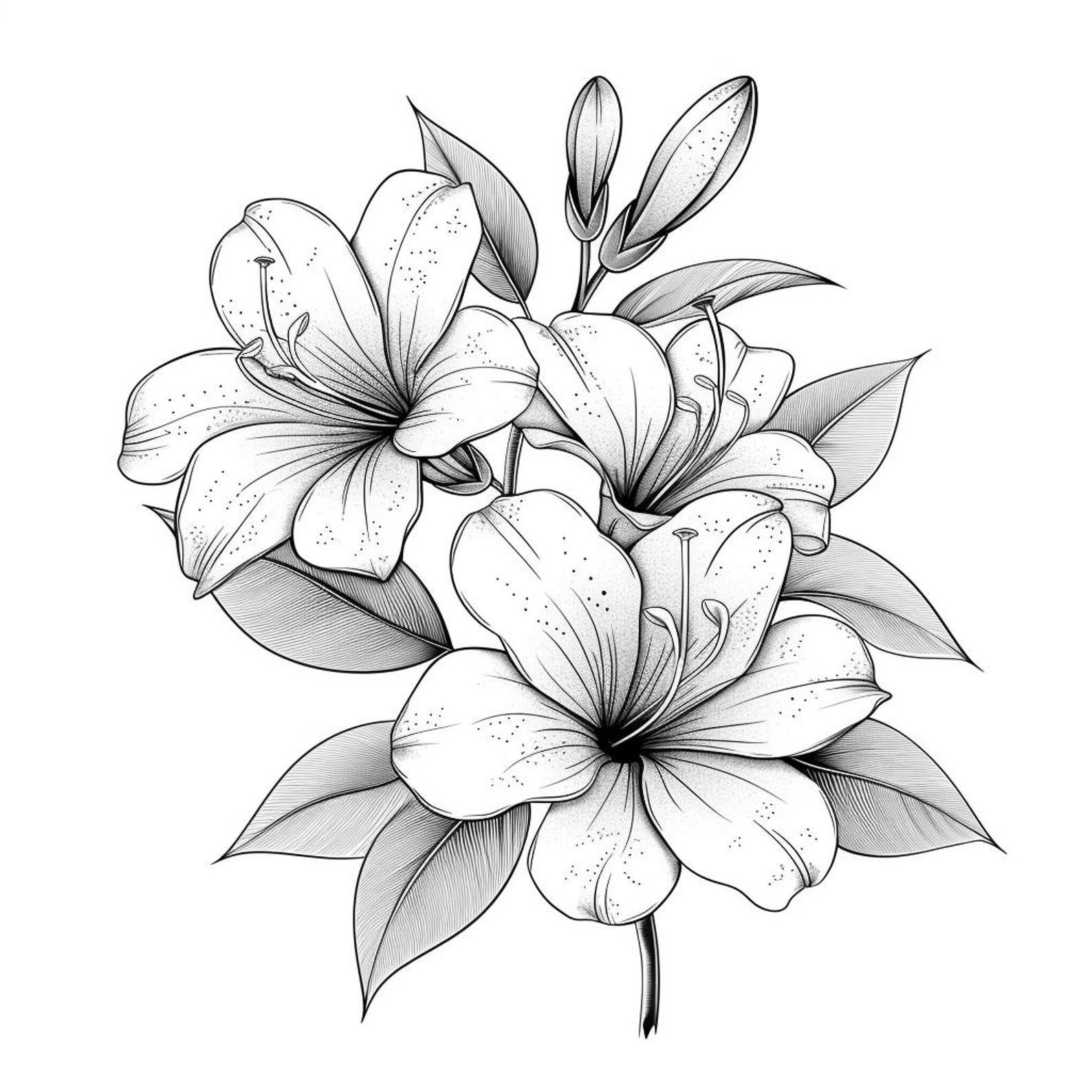 Azaleas Blooms Line Art Pen & Ink Monochrome Transparent Background ...
