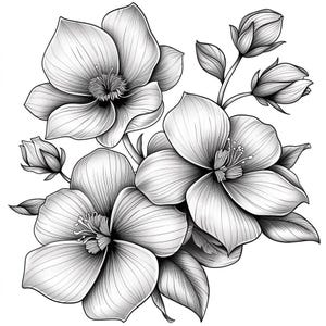 May include: Black and white floral illustration featuring detailed petals and leaves. The image showcases several open blooms, buds, and foliage, all rendered with intricate line work. The design is suitable for coloring or as a decorative element.