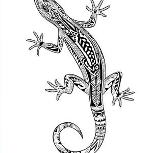 May include: Black and white illustration of a lizard with intricate tribal patterns. The lizard's body is covered in detailed geometric designs, with a curled tail and outstretched limbs. The artwork is set against a plain white background.