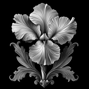 Könnte beinhalten: Eine Schwarzweißillustration einer Irisblüte mit filigranen Details. Die Blume ist von kunstvollen, stilisierten Blättern umgeben.