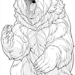 May include: A black and white line art illustration of a large bear standing on its hind legs. The bear has its mouth wide open, revealing teeth and a tongue, with its front paws raised and claws visible. The fur is rendered with detailed strokes.