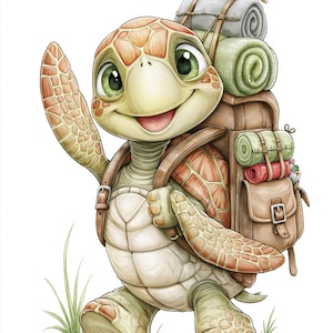 May include: A cartoon turtle with a light green and orange shell, wearing a large brown leather backpack filled with rolled blankets in shades of gray, sage green, and red. The turtle is waving one flipper while walking on a sandy ground.