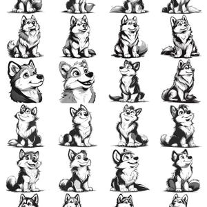 May include: A set of 24 black and white illustrations of cartoon huskies in various poses. The huskies are drawn in a simple, cartoon style and have expressive faces.
