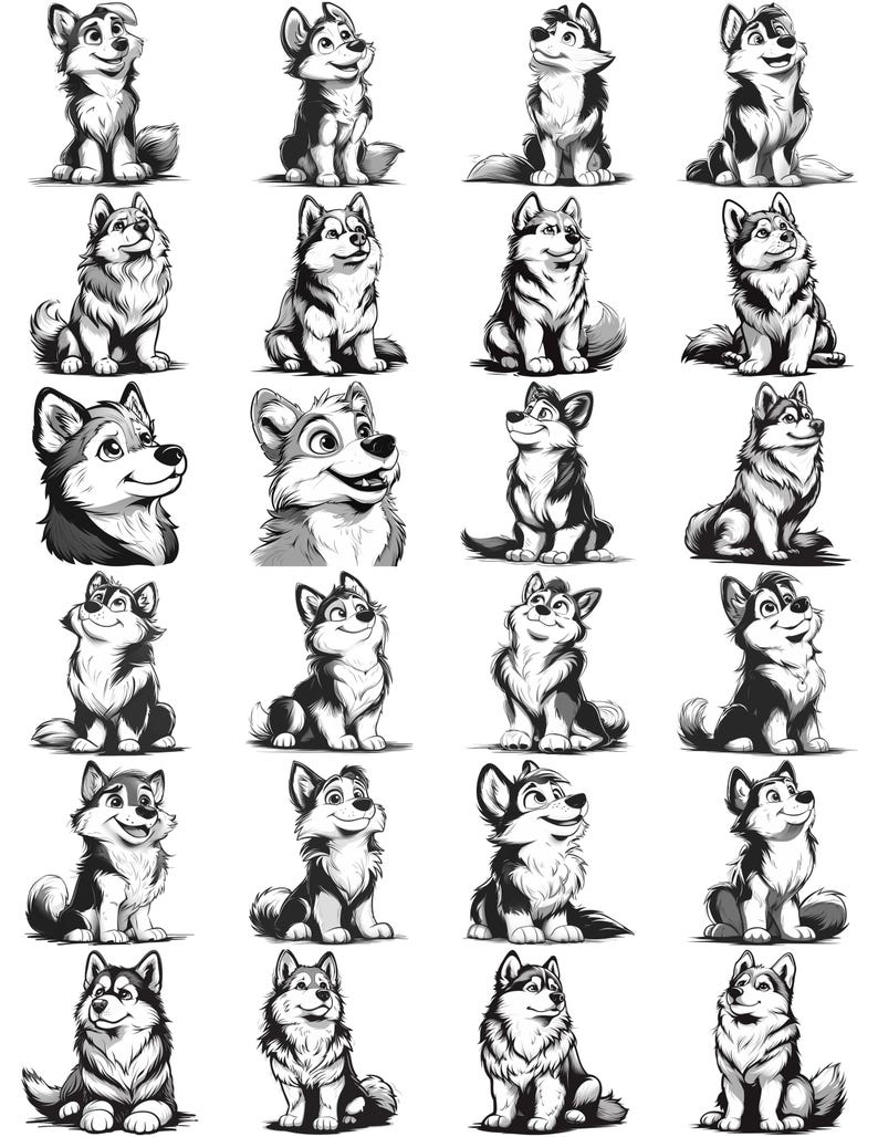 May include: A set of 24 black and white illustrations of cartoon huskies in various poses. The huskies are drawn in a simple, cartoon style and have expressive faces.