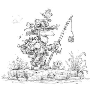 May include: Black and white illustration of a cartoon fisherman with a long nose, wearing a hat with goggles, and carrying a backpack. He holds a fishing rod with a reel, and is accompanied by two birds. The fisherman stands on a rocky outcrop.