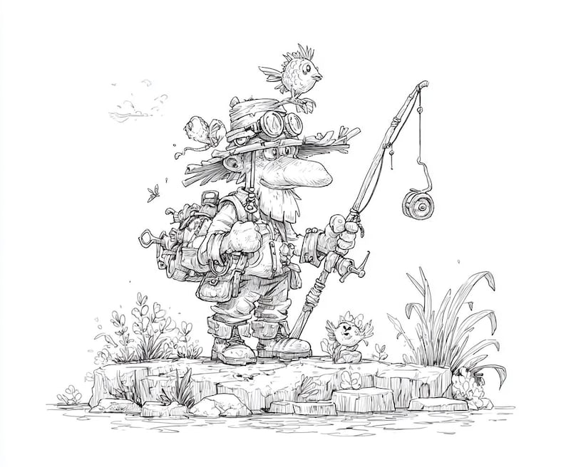 May include: Black and white illustration of a cartoon fisherman with a long nose, wearing a hat with goggles, and carrying a backpack. He holds a fishing rod with a reel, and is accompanied by two birds. The fisherman stands on a rocky outcrop.