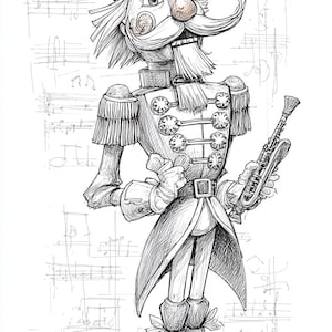 May include: A detailed black and white illustration of a Nutcracker soldier. The Nutcracker is wearing a tall hat, a military-style jacket with decorative buttons, and holding a musical instrument. The background features musical notes.