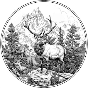 Puede incluir: Una ilustración en blanco y negro de un alce de pie en una cornisa rocosa en un paisaje montañoso. El alce tiene grandes astas y mira hacia la izquierda. El fondo presenta una cordillera, árboles y un cielo nublado.