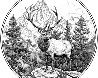Elk Oval Mountain Forrest Schwarzweiß-Line Art Bundle 2 36 Digital Ai Line Art PNG SVG