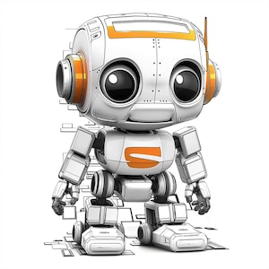 May include: A white and orange robot with large eyes and a small orange 'S' on its chest. The robot has articulated arms and legs and is standing on a white and gray patterned surface.