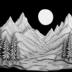 May include: A black and white line drawing of a mountain range with a full moon in the sky.  There are trees in the foreground and a river winding through the valley.