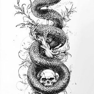 May include: A black and white illustration of a snake wrapped around a dagger, with two skulls at the bottom. The snake is coiled around the dagger, and its head is facing the viewer. The skulls are at the bottom of the dagger, and they are facing each other.