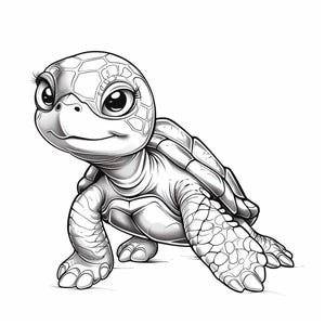 Peut inclure: Un dessin au trait noir et blanc d'une tortue de dessin animé avec de grands yeux et une expression mignonne. La tortue est dessinée dans un style réaliste avec des détails de carapace et de pattes.