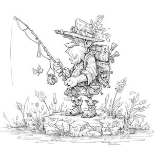 May include: Detailed black and white illustration of a whimsical fisherman standing on a rock, fishing. The character wears a hat, backpack, and boots, and is surrounded by plants and water. A small fish is attached to the fishing rod.