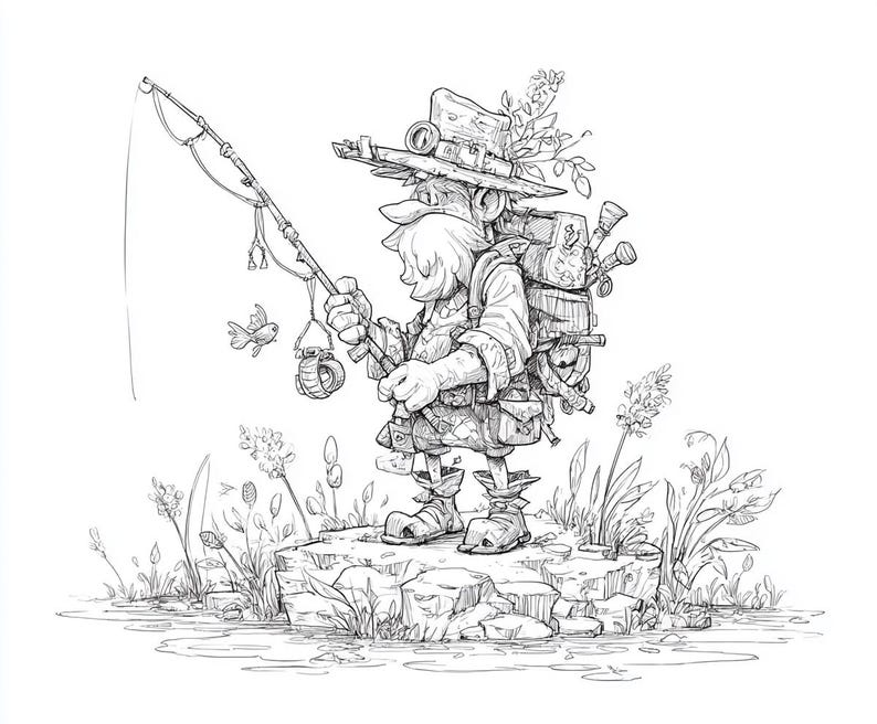 May include: Detailed black and white illustration of a whimsical fisherman standing on a rock, fishing. The character wears a hat, backpack, and boots, and is surrounded by plants and water. A small fish is attached to the fishing rod.