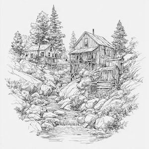 May include: Black and white line art illustration of rustic wooden buildings nestled in a mountainous landscape. A stream flows through the rocky terrain, with trees and foliage surrounding the structures. The artwork evokes a sense of a serene, natural setting.
