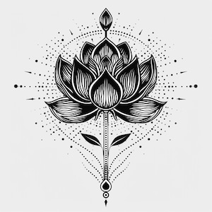 May include: Black and white illustration of a stylized lotus flower with intricate details. The flower is surrounded by a circular pattern of dots and lines.