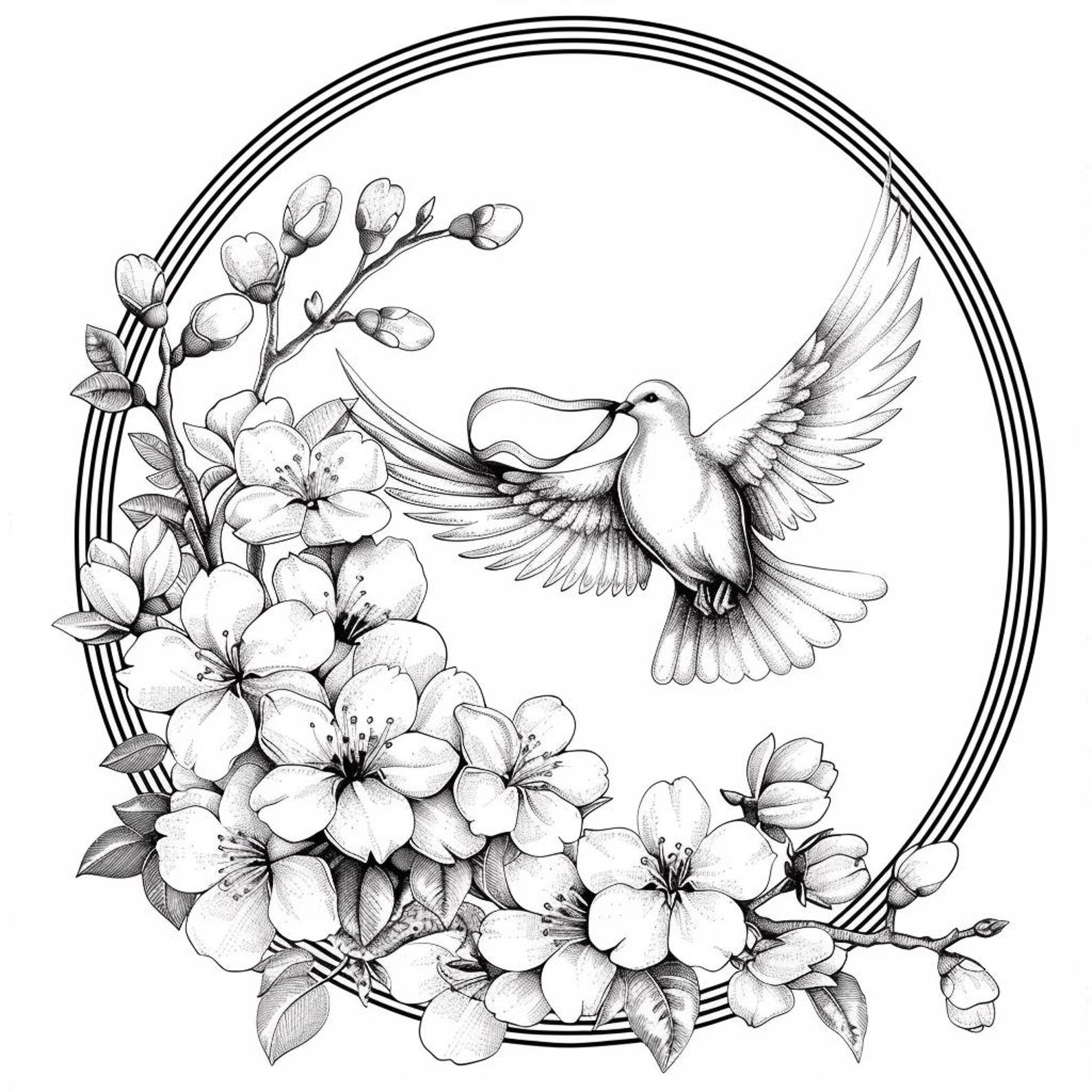 Cherry Blossoms and Doves Black/white Line Art Bundle 2 40 Digital Ai ...