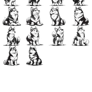 May include: A collection of 16 black and white illustrations of Siberian Huskies in various poses. The Huskies are drawn in a cartoon style with exaggerated features.