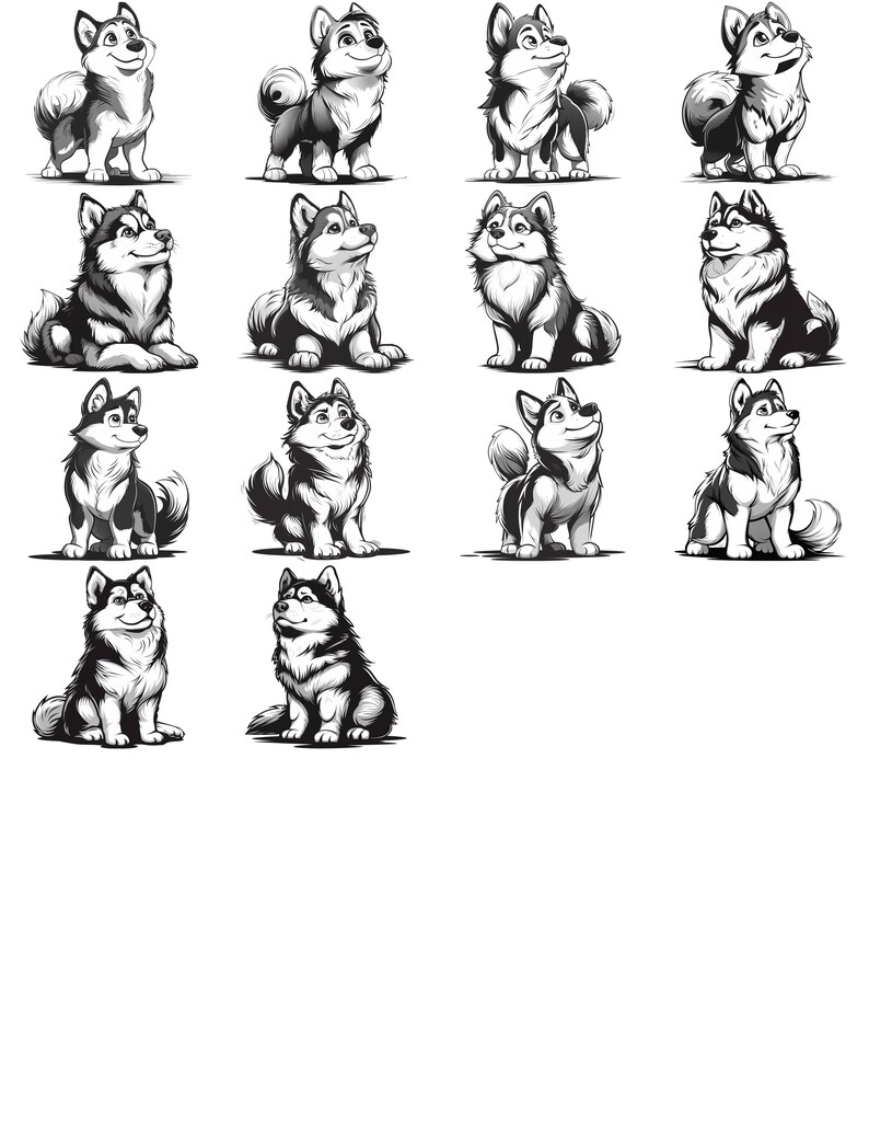 May include: A collection of 16 black and white illustrations of Siberian Huskies in various poses. The Huskies are drawn in a cartoon style with exaggerated features.