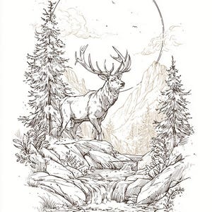 May include: Detailed pen and ink illustration of a majestic elk standing on a rocky outcrop in a forest. The artwork features a waterfall, trees, and a circular sun or moon in the background, creating a serene wilderness scene.