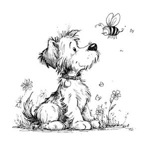 Könnte beinhalten: Schwarz-Weiß-Illustration eines Hundes, der im Gras sitzt und eine Biene betrachtet. Der Hund hat zotteliges Fell, ein Halsband und ist von Blumen und Schmetterlingen umgeben. Die Biene ist gestreift.