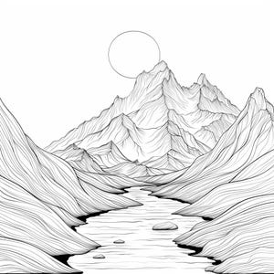 Peut inclure: Un dessin au trait noir et blanc d'une chaîne de montagnes avec une rivière qui la traverse. Le soleil brille dans le ciel.