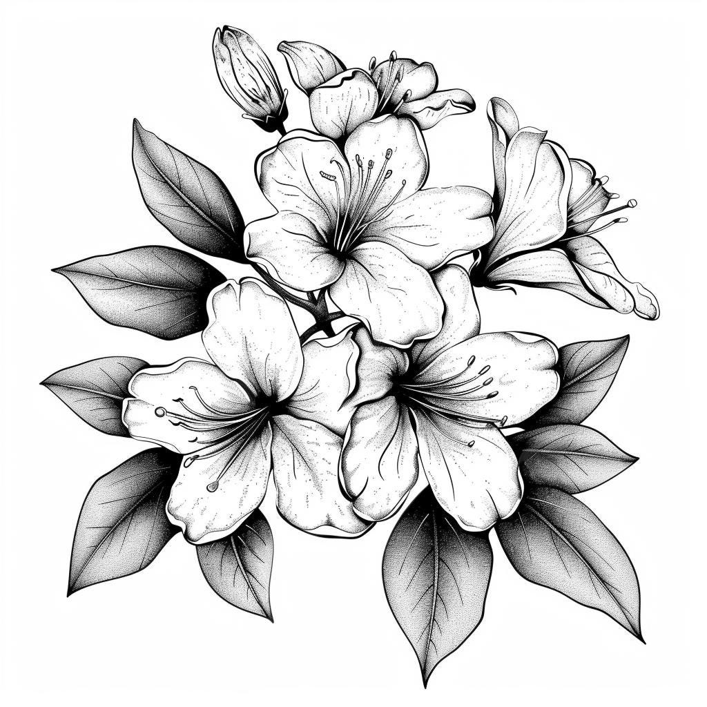 Azaleas Blooms Line Art Pen & Ink Monochrome Transparent Background ...