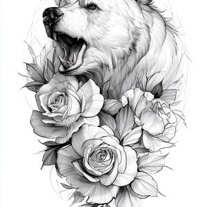 May include: A black and white graphite-style illustration featuring a roaring bear head positioned above a cluster of three detailed roses with leaves. The artwork uses fine lines and shading to create depth and texture in the fur and petals.