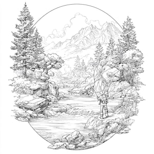 May include: A black and white illustration depicting a person fishing in a river. The scene includes mountains, trees, and rocks, with the image framed by a circular border. The style is detailed and illustrative.