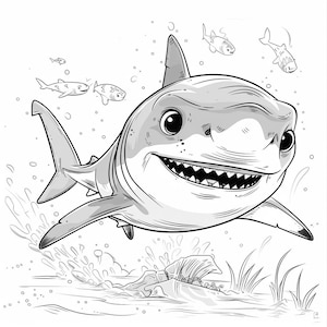 Shark Cartoon Black/White Line Art  Bundle 1      84  Digital Line Art Ai PNG SVG