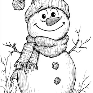 Può includere: Illustrazione in bianco e nero di un pupazzo di neve sorridente con cappello, sciarpa, naso a carota e bottoni. Il pupazzo di neve ha braccia di ramoscelli. Lo sfondo suggerisce un paesaggio innevato.