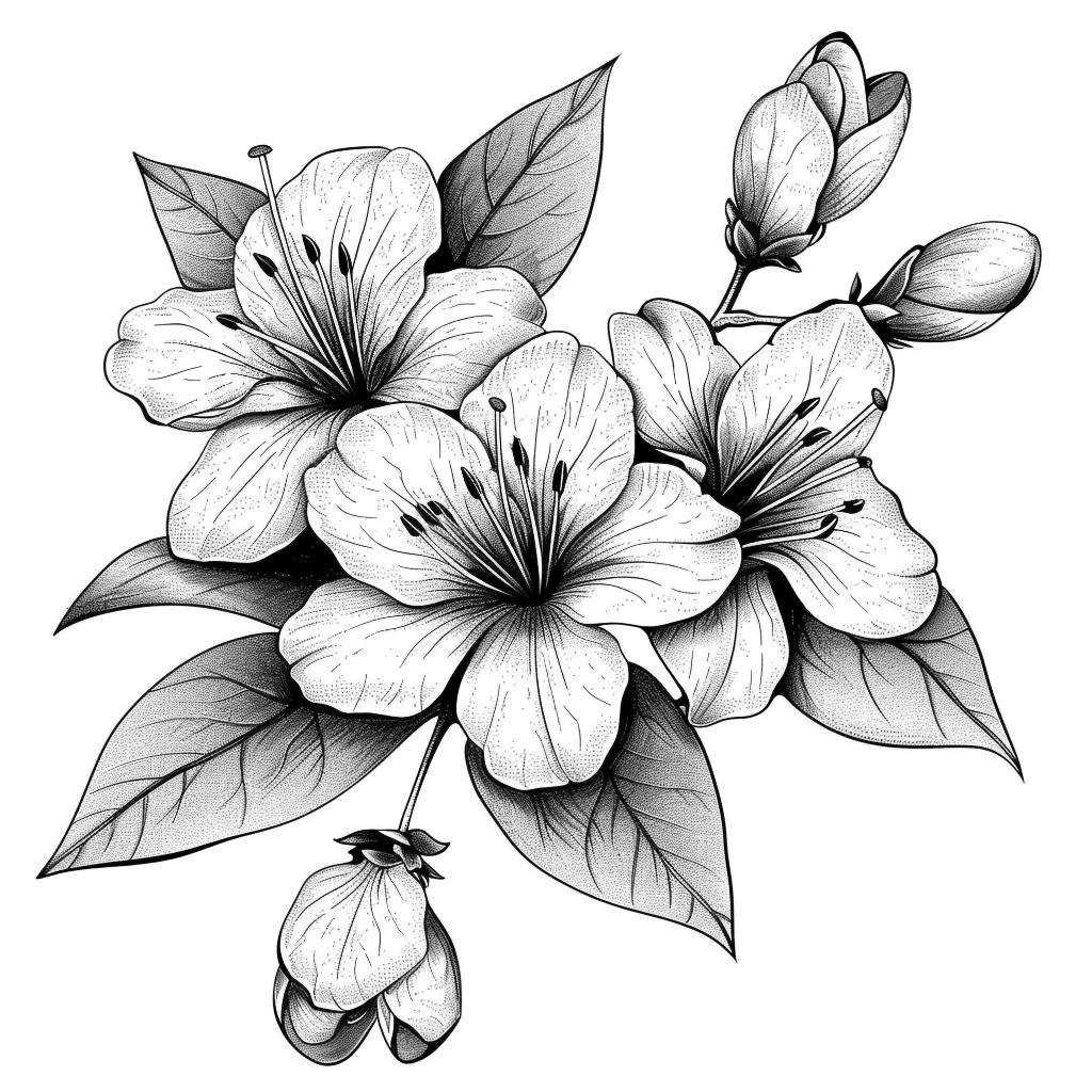 Azaleas Blooms Line Art Pen & Ink Monochrome Transparent Background ...
