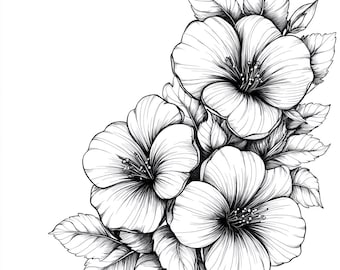 Paquete de 20 ilustraciones lineales digitales en blanco y negro con flores violetas (AI PNG-SVG) (descarga digital)