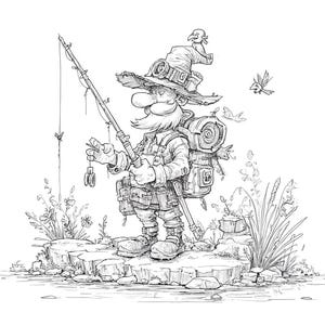 May include: A detailed black and white illustration of a fisherman character. He wears a large hat, backpack, and fishing gear, standing on a rocky outcrop. A fishing rod is in his hands, and birds are flying nearby. The style is reminiscent of a detailed cartoon.