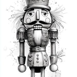 Könnte beinhalten: Schwarz-Weiß-Illustration eines Nussknacker-Soldaten. Der Nussknacker trägt einen hohen Hut mit einem Stern, einen langen weißen Bart und eine Uniform im militärischen Stil. Das Bild hat ein detailliertes, handgezeichnetes Aussehen, mit Noten im Hintergrund.