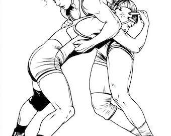 Op de afbeelding: Zwart-wit illustratie van twee vrouwelijke worstelaars in actie. Ze dragen singlets, hoofddeksels en kniebeschermers. De afbeelding toont een moment van intense competitie, met dynamische poses en gedetailleerde lijnen.