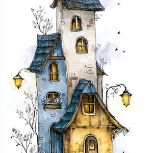 Puede incluir: Una ilustración en acuarela de una casa alta de varios niveles con techo azul, una torre de piedra clara y una sección inferior amarilla. La estructura presenta ventanas arqueadas con luz amarilla cálida, dos faroles colgantes y escalones.